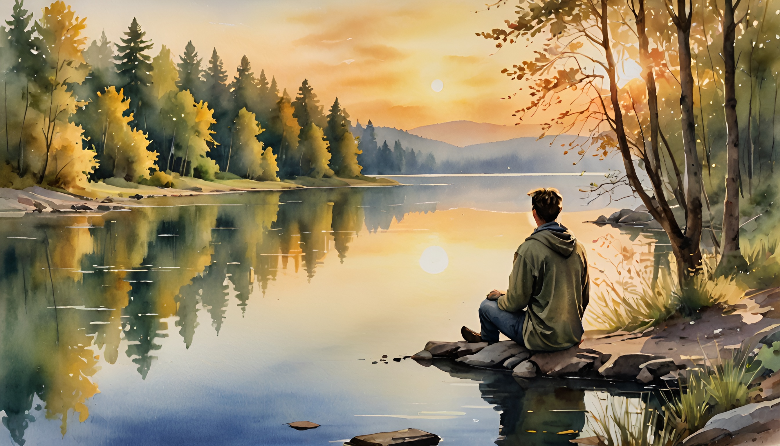 不安解消　夕暮れを見つめる青年